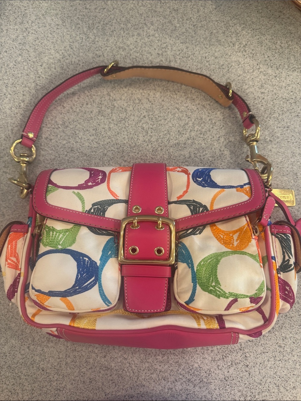 Pink Multi-Color Canvas Shoulder Bag with Buckle Detail